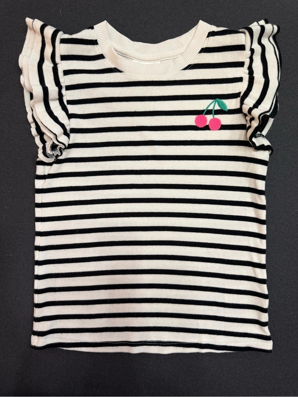 Cat & Jack Striped Ruffled Short Sleeve Cherry Tee Size Medium M (8)